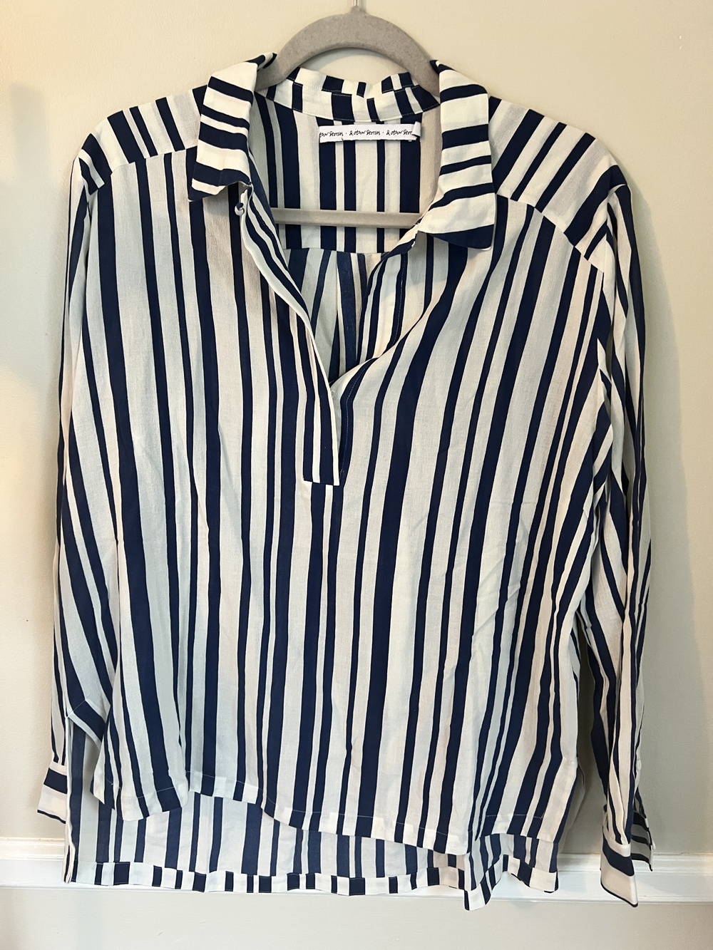 & Other Stories Women's Blouse Navy White Striped Cotton Popover Top Size 38 6